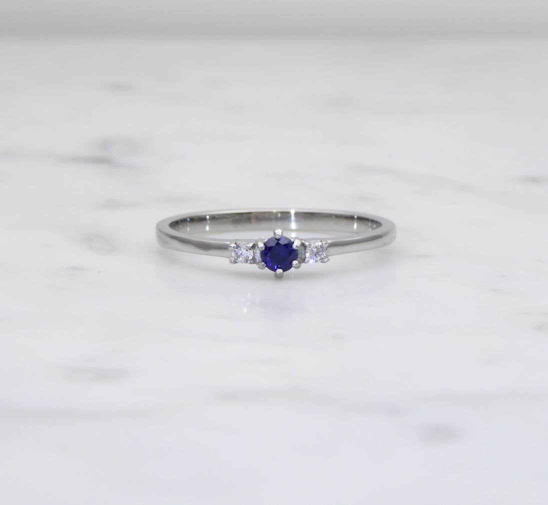 Natural Blue Sapphire and White Sapphire 3 stone Trilogy Ring in White Gold or Titanium  - engagement ring - handmade ring