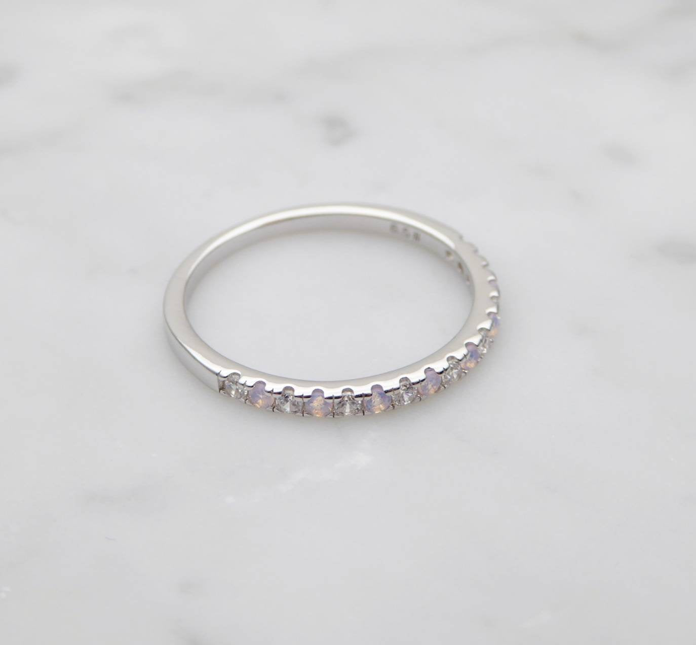 Opal & Man Made Diamond Simulant 1.8mm wide Half Eternity ring  in white gold or Silver - stacking ring - wedding band - engagement ring