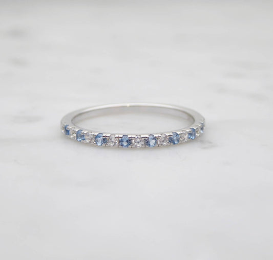 Aquamarine & Man Made Diamond Simulant 1.8mm wide Half Eternity ring  in white gold or Silver - stacking ring - wedding band