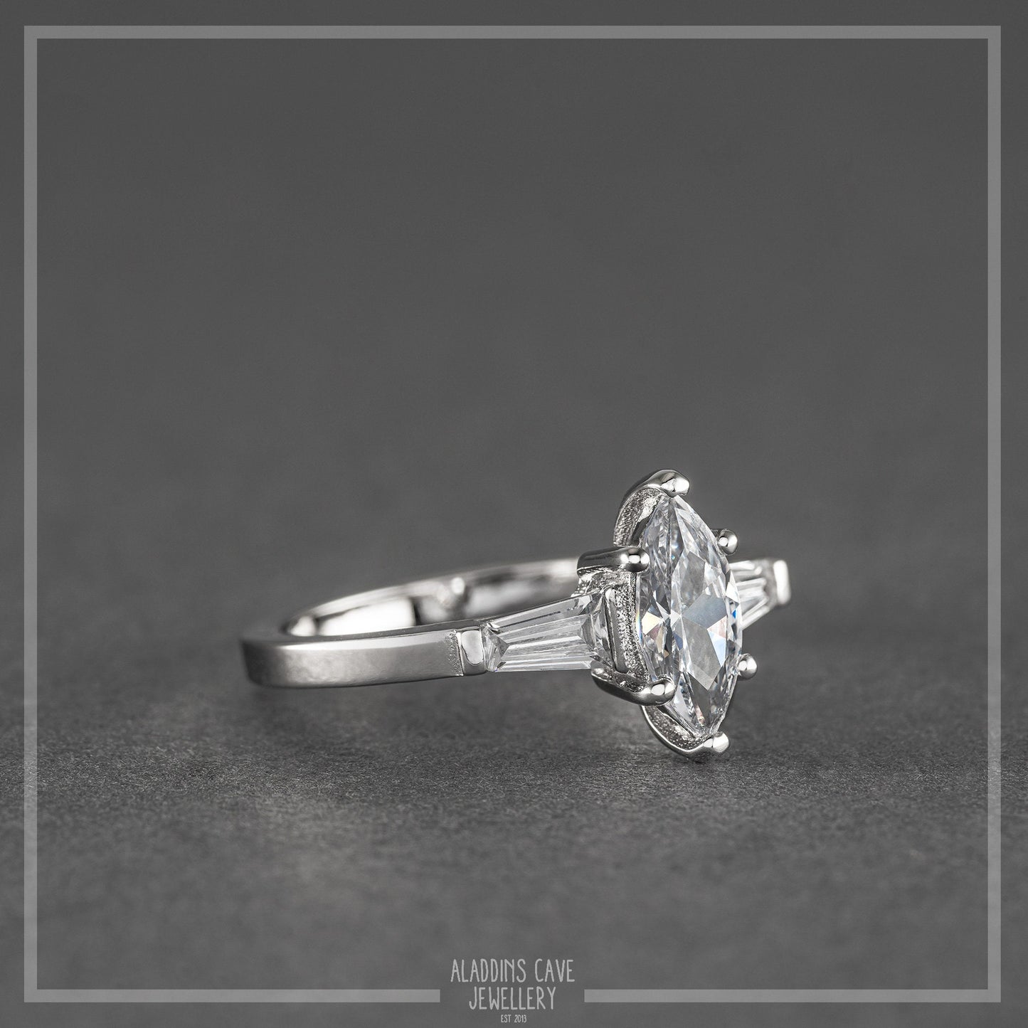 Marquise man made diamond Trilogy ring - available in Sterling Silver or White Gold Filled - engagement ring