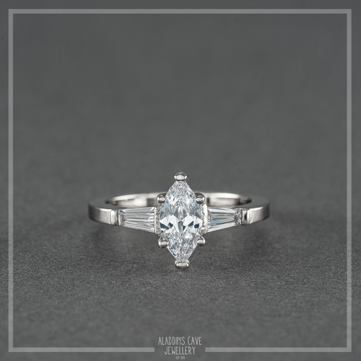 Marquise man made diamond Trilogy ring - available in Sterling Silver or White Gold Filled - engagement ring