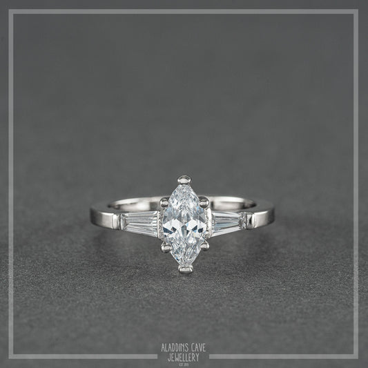Marquise man made diamond Trilogy ring - available in Sterling Silver or White Gold Filled - engagement ring