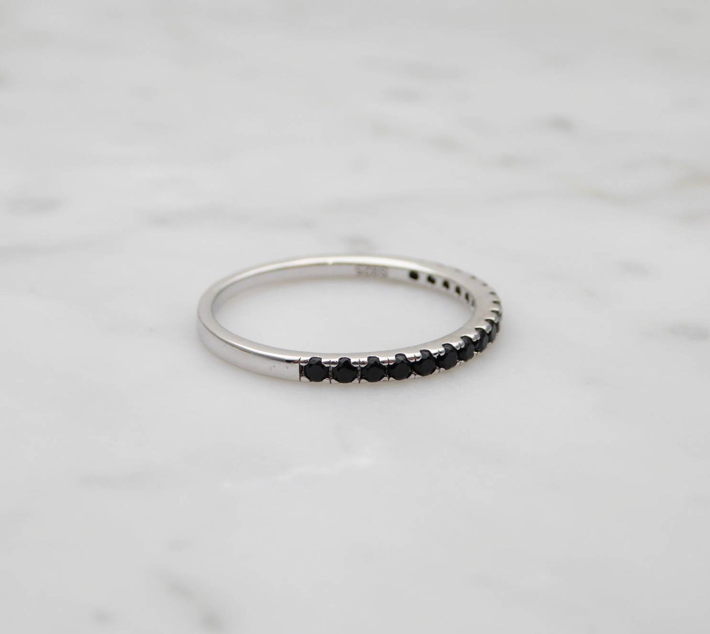 Black Onyx 1.8mm wide Half Eternity ring  in white gold or Silver - stacking ring - wedding band - handmade engagement ring