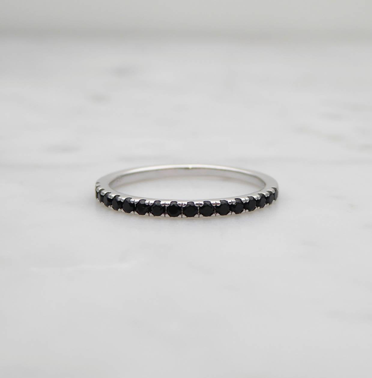 Black Onyx 1.8mm wide Half Eternity ring  in white gold or Silver - stacking ring - wedding band - handmade engagement ring