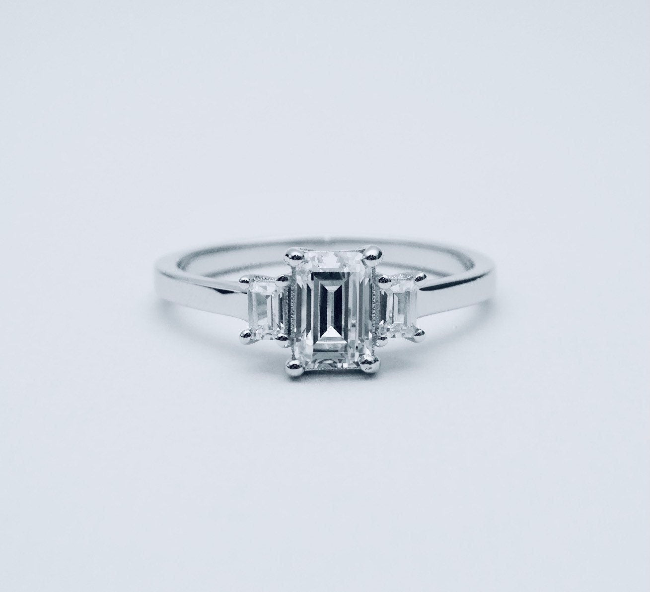 Man made Diamond Emerald cut 3 stone Trilogy ring ring available in Sterling Silver or White Gold Filled - engagement ring