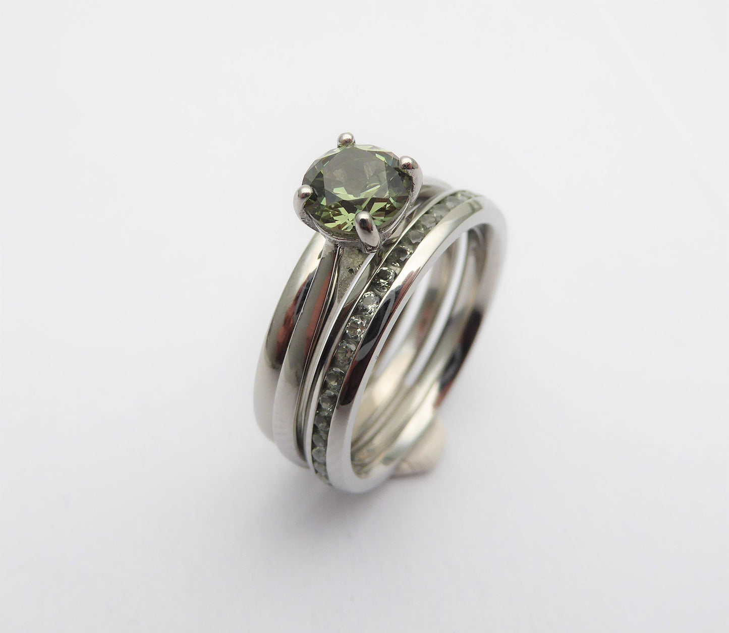 Wedding set! Green Sapphire 1ct cathedral solitaire and matching eternity & Wedding ring in Titanium or White Gold