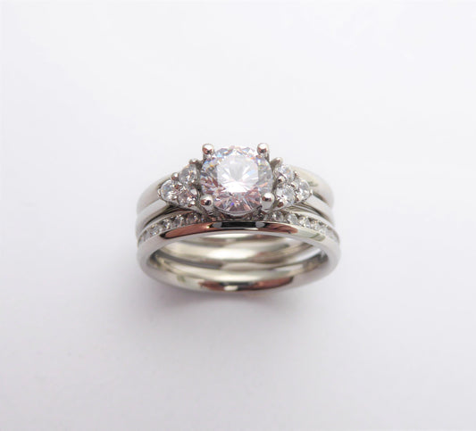 Wedding set! Man Made White Sapphire engagment ring and matching eternity & Wedding ring in Titanium or White Gold