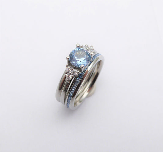 Wedding set! Natural Aquamarine engagment ring and matching eternity & Wedding ring in Titanium or White Gold
