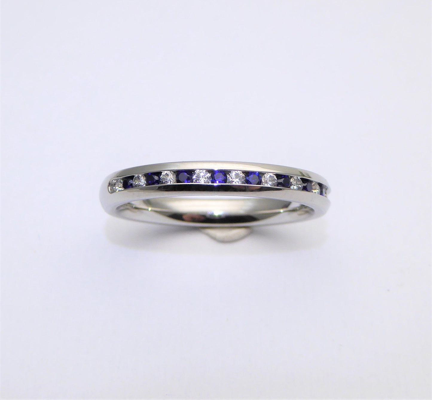 Lab blue & White sapphire 3mm Wide HALF Eternity ring / stacking ring in white gold or titanium - Wedding Band - Engagement ring