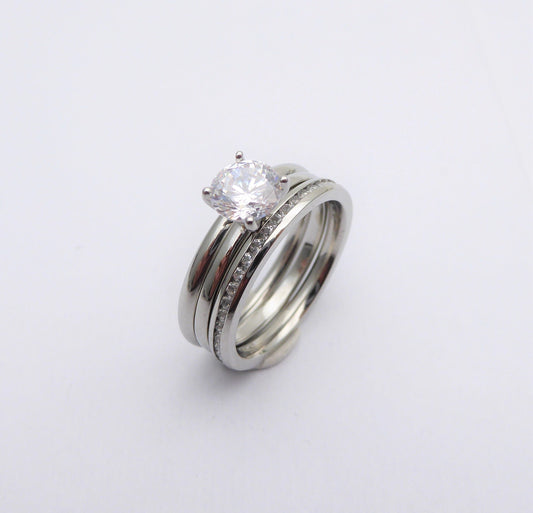 Wedding set! 1ct Man Made Diamond Simulant solitaire and matching eternity & Wedding ring in Titanium or White Gold