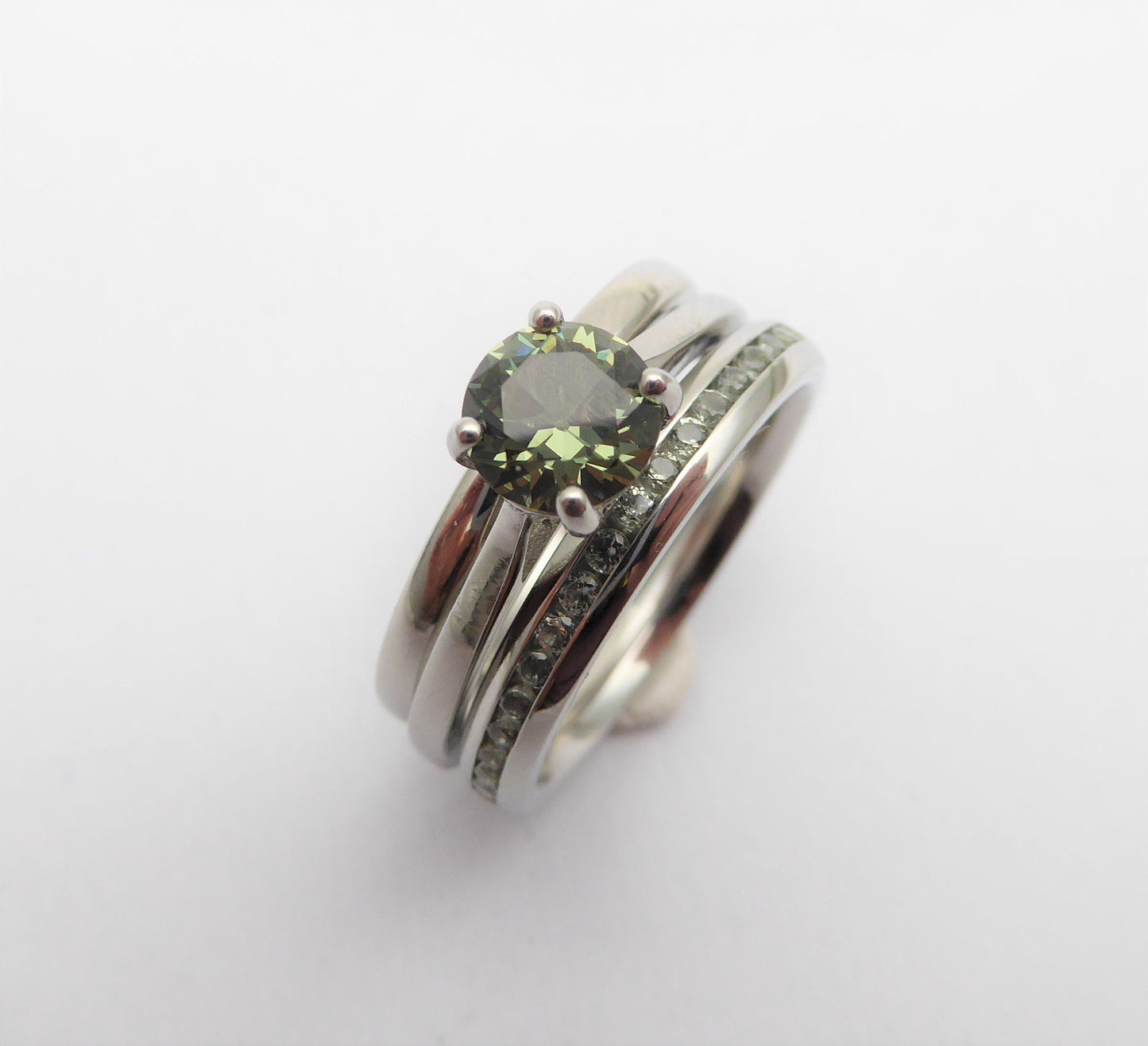 Wedding set! Green Sapphire 1ct cathedral solitaire and matching eternity & Wedding ring in Titanium or White Gold