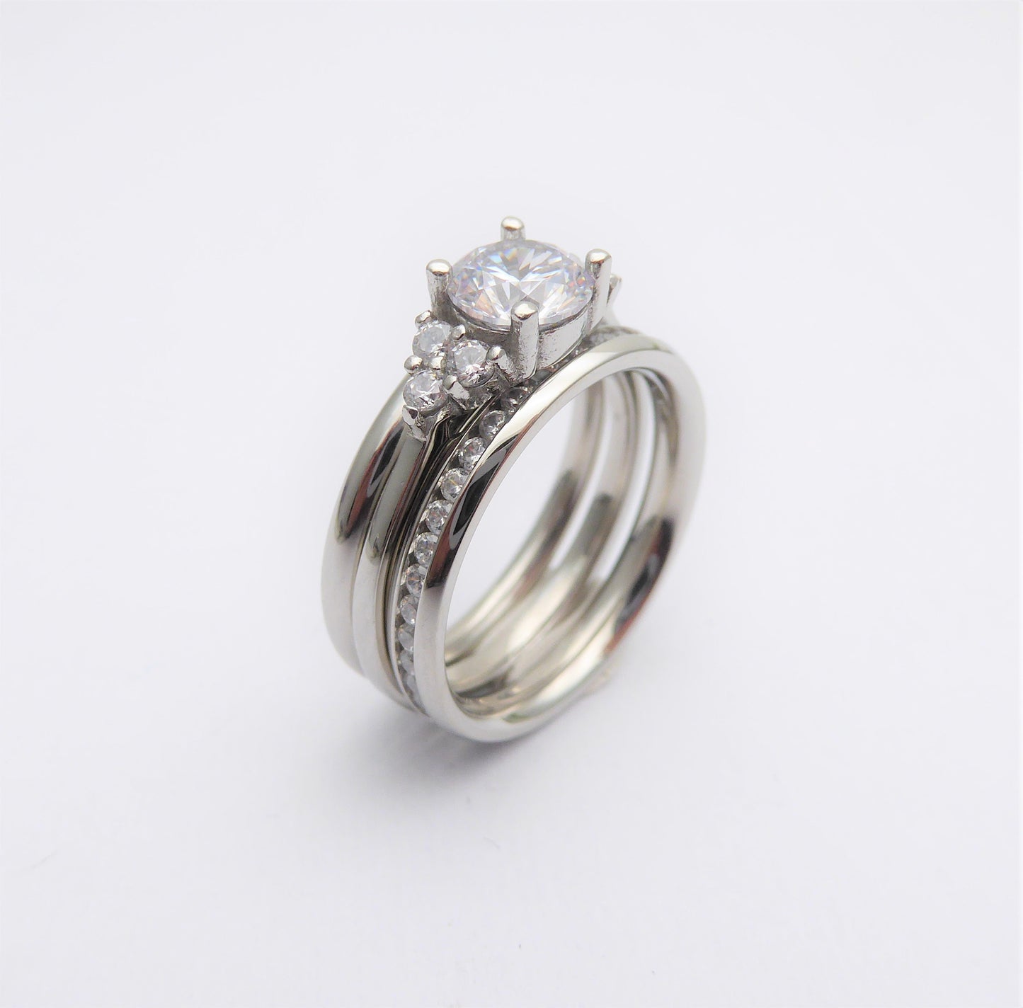 Wedding set! Man Made White Sapphire engagment ring and matching eternity & Wedding ring in Titanium or White Gold