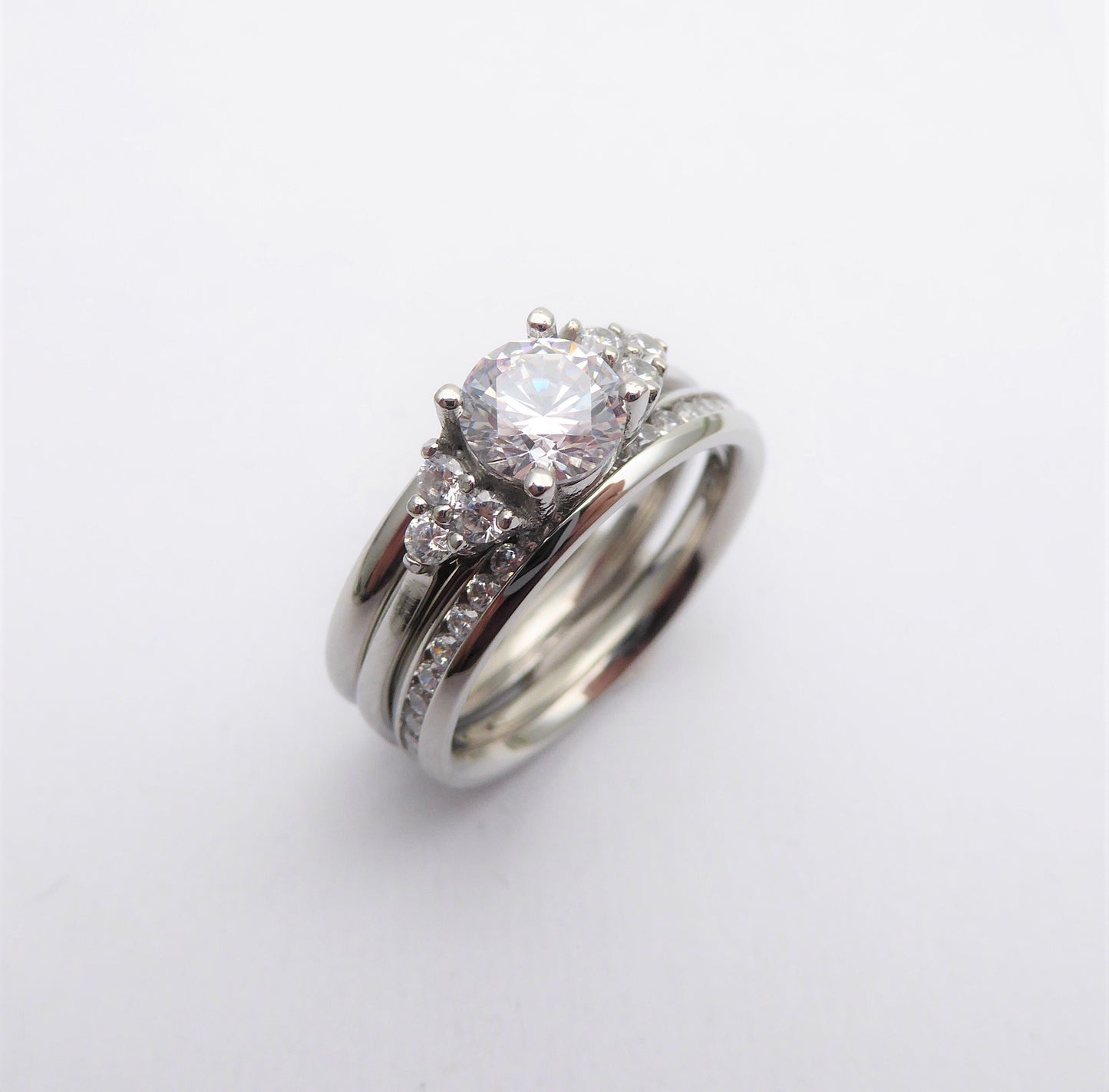 Wedding set! Man Made White Sapphire engagment ring and matching eternity & Wedding ring in Titanium or White Gold