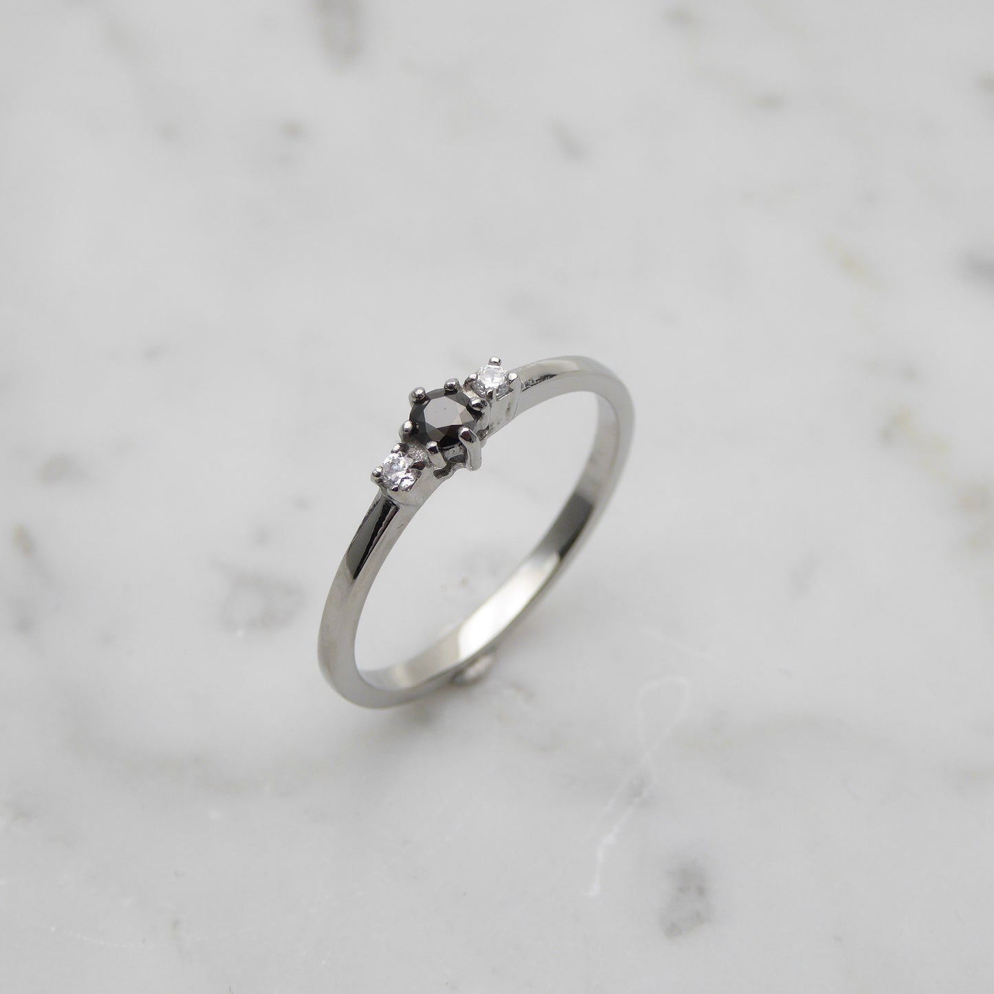Genuine White and Black moissanite 3 stone Trilogy Ring in White Gold or Titanium  - engagement ring - handmade ring
