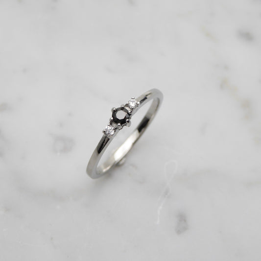 Genuine White and Black moissanite 3 stone Trilogy Ring in White Gold or Titanium  - engagement ring - handmade ring