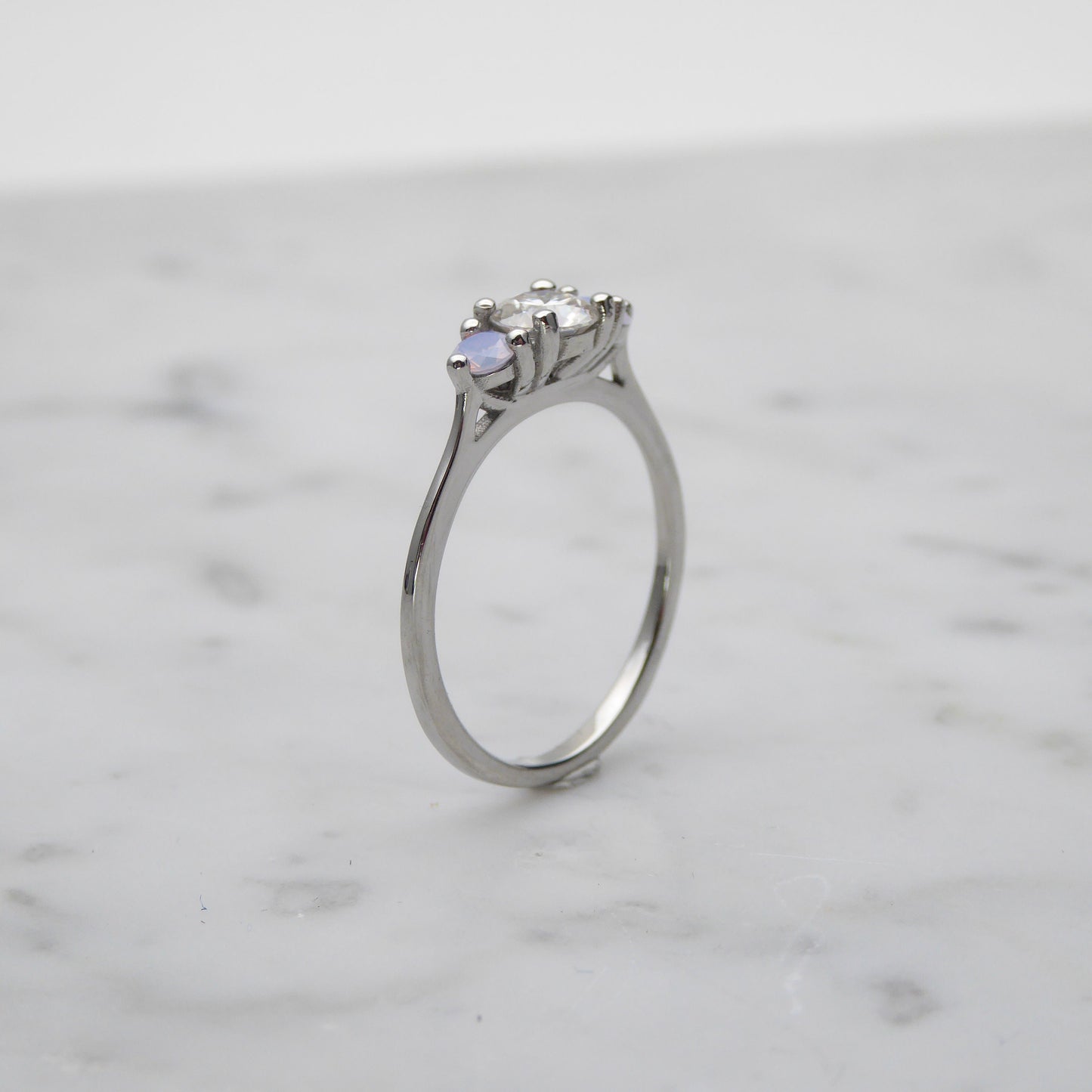 Genuine moissanite & Opal 3 stone Trilogy Ring in White Gold or Titanium  - engagement ring - handmade ring