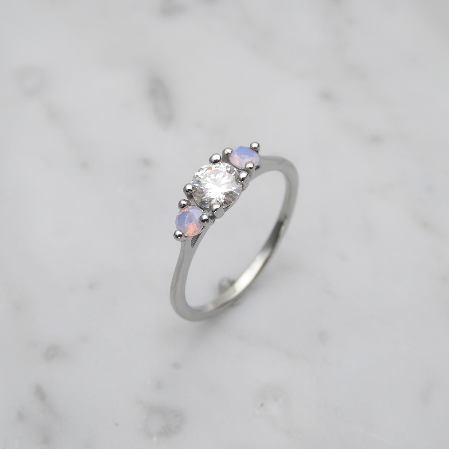 Genuine moissanite & Opal 3 stone Trilogy Ring in White Gold or Titanium  - engagement ring - handmade ring