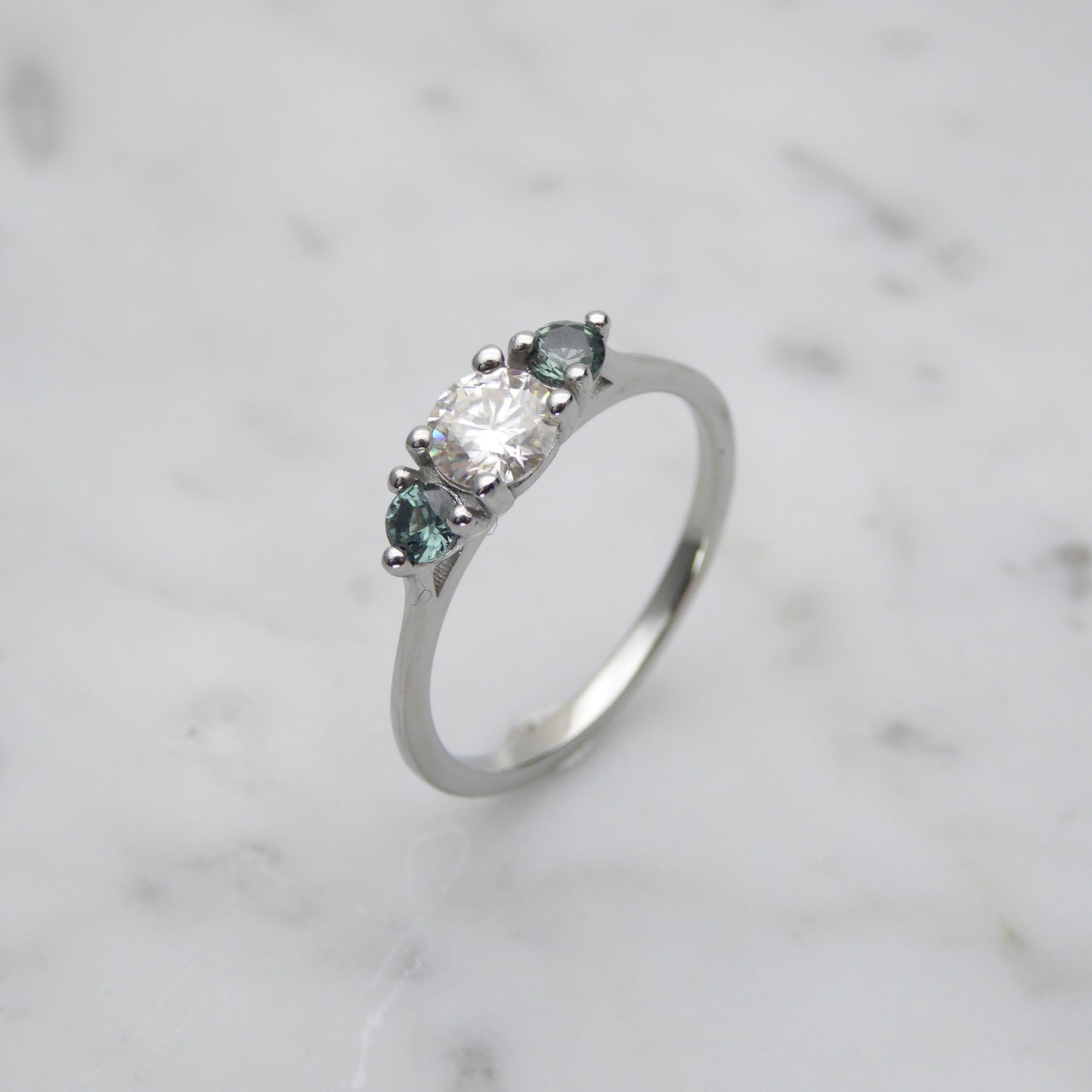 Genuine moissanite & Green Sapphire 3 stone Trilogy Ring in White Gold or Titanium  - engagement ring - handmade ring