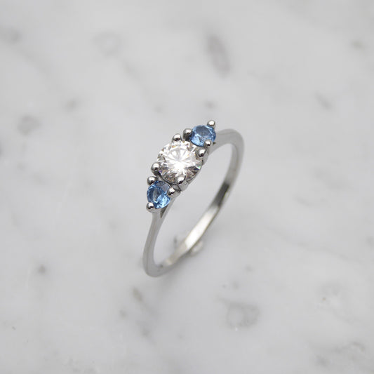 Genuine moissanite & Aquamarine 3 stone Trilogy Ring in White Gold or Titanium  -  engagement ring - handmade ring