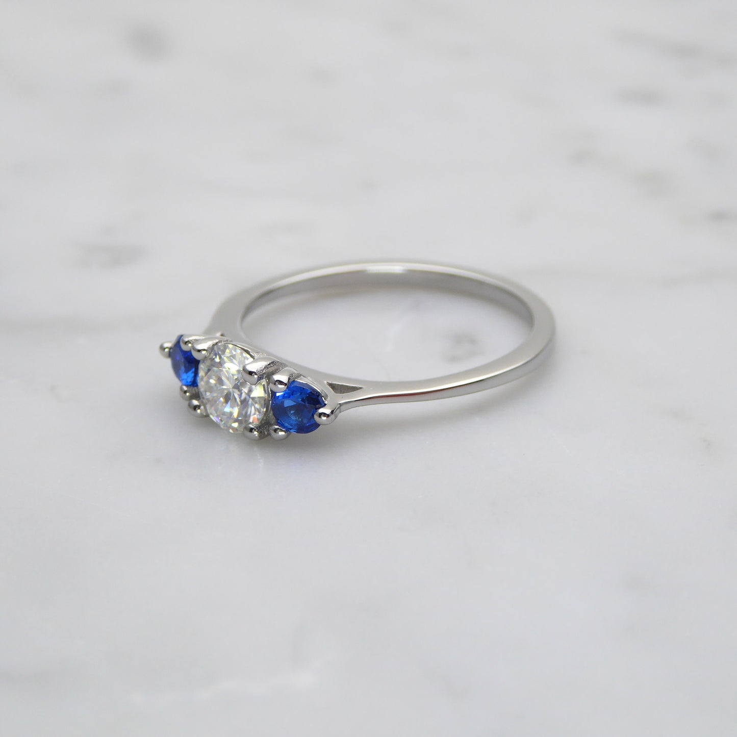 Genuine moissanite & Blue Topaz 3 stone Trilogy Ring in White Gold or Titanium  -  engagement ring - handmade ring