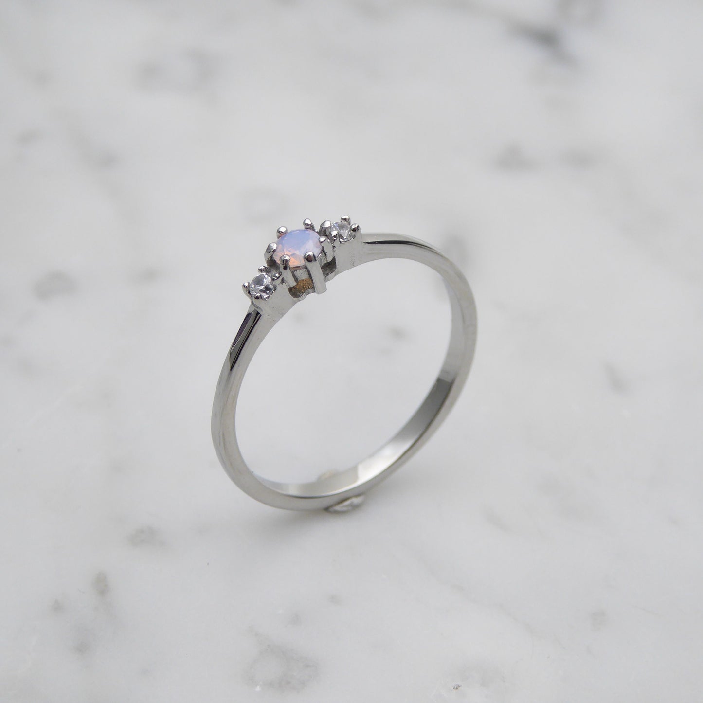 Natural Opal and White Sapphire 3 stone Trilogy Ring in White Gold or Titanium  - engagement ring - handmade ring