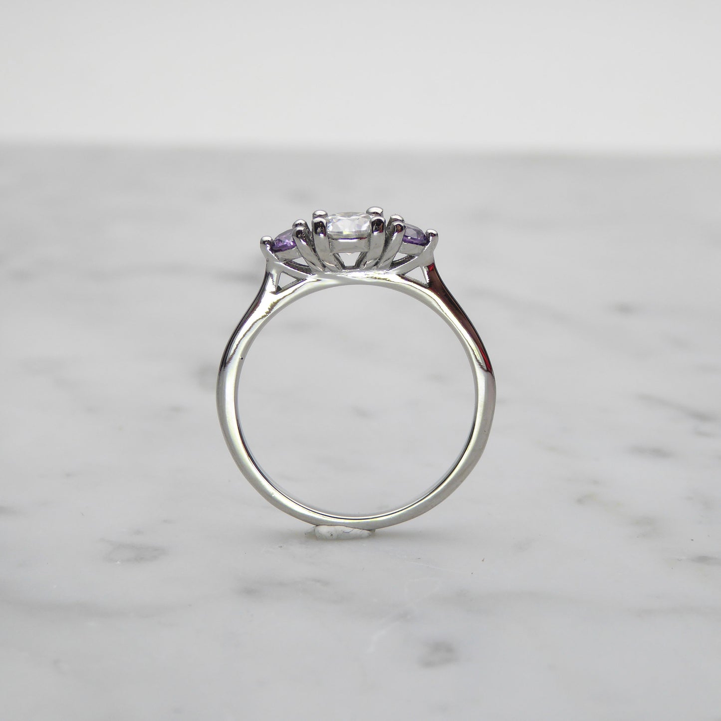 Genuine moissanite & Amethyst 3 stone Trilogy Ring in White Gold or Titanium  - engagement ring - handmade ring