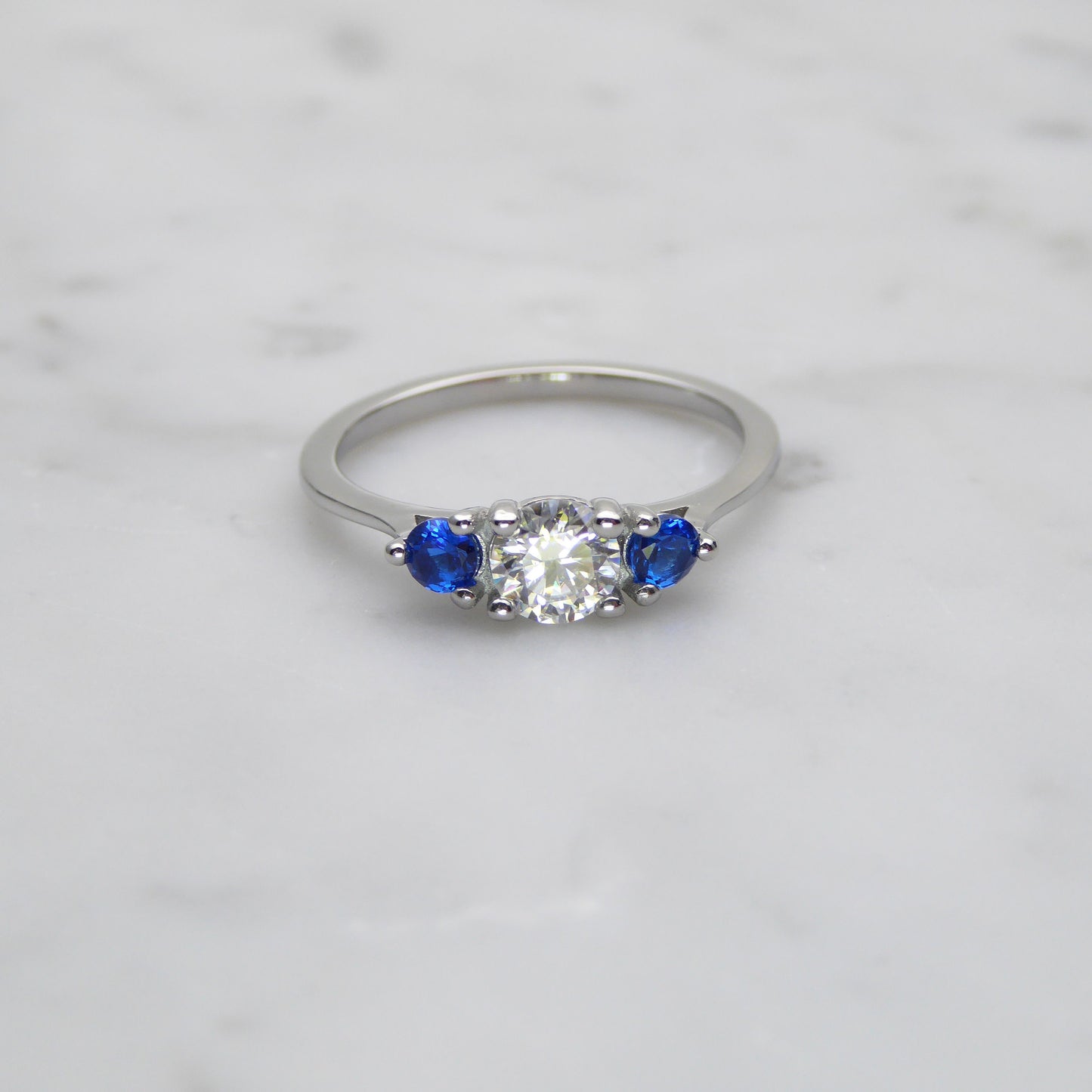 Genuine moissanite & Blue Topaz 3 stone Trilogy Ring in White Gold or Titanium  -  engagement ring - handmade ring