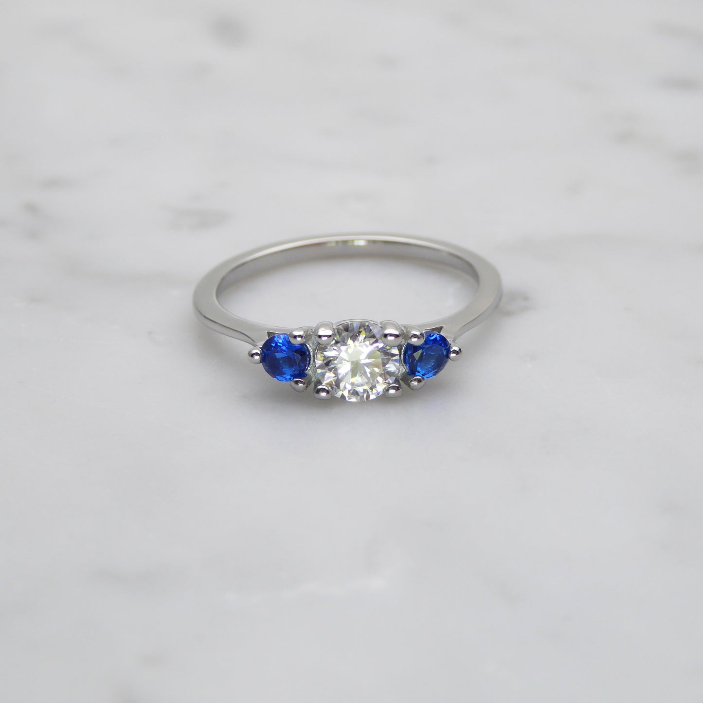 Genuine moissanite & Lab Blue sapphire 3 stone Trilogy Ring in White Gold or Titanium  -  engagement ring - handmade ring