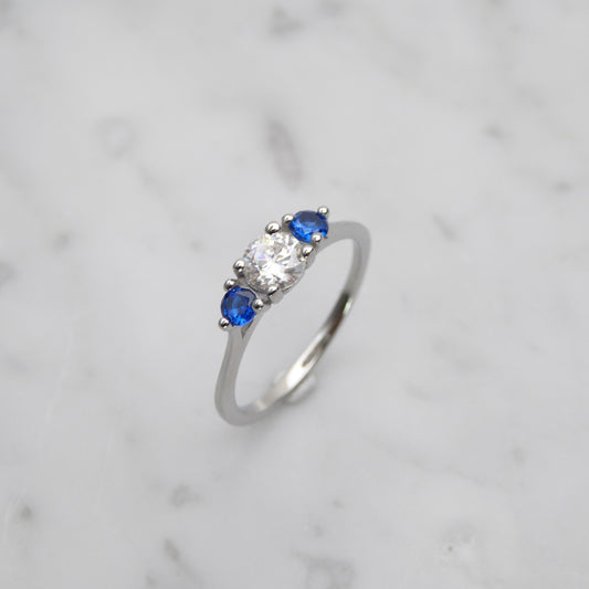 Genuine moissanite & Lab Blue sapphire 3 stone Trilogy Ring in White Gold or Titanium  -  engagement ring - handmade ring