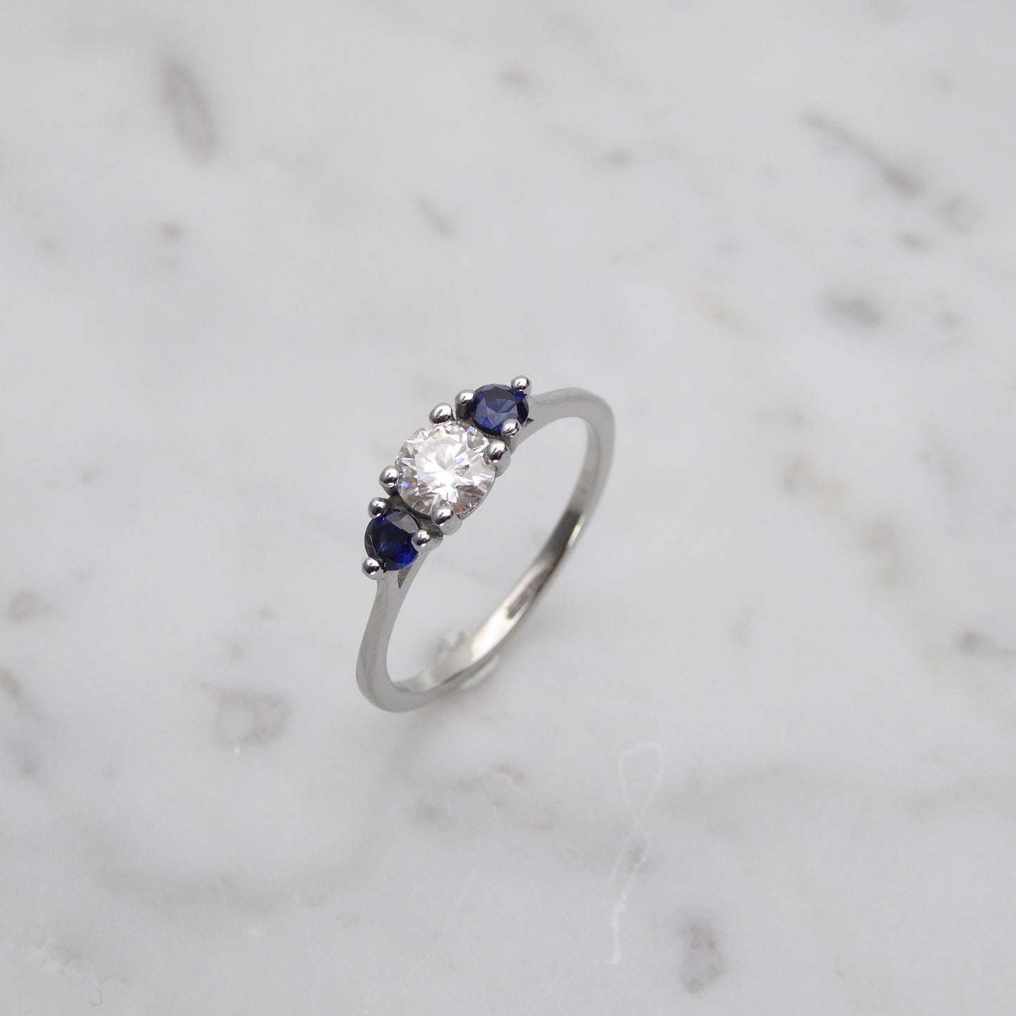 Moissanite & Natural Blue Sapphire 3 stone Trilogy Ring in White Gold or Titanium  -  engagement ring - handmade ring