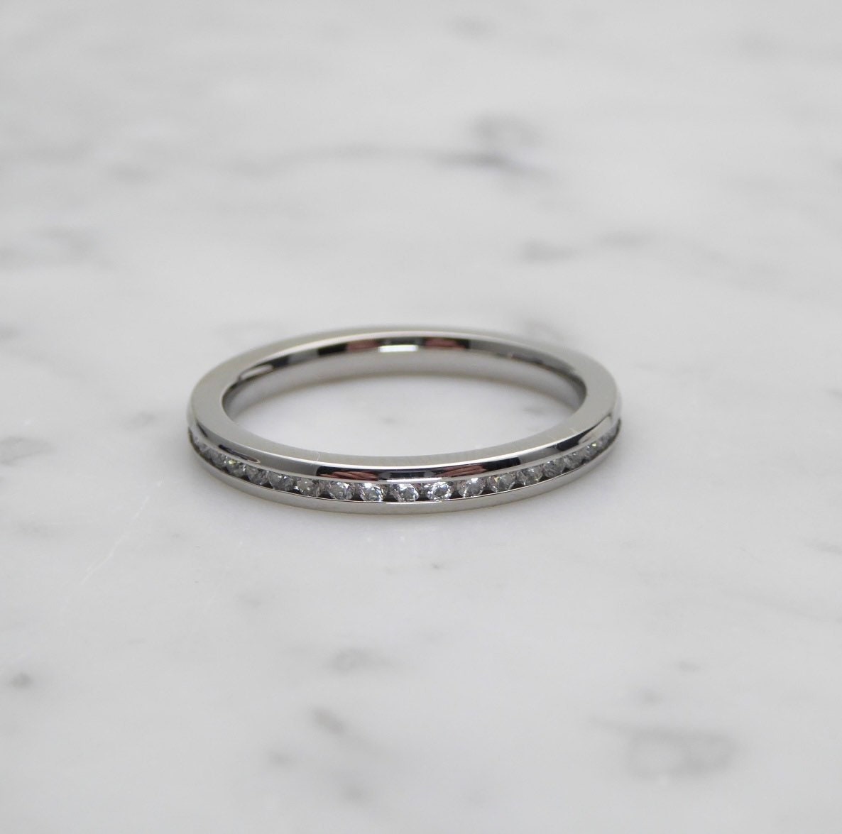 Genuine moissanite 2.5mm Wide Full Eternity ring in white gold filled or titanium - Wedding Band - Engagement ring