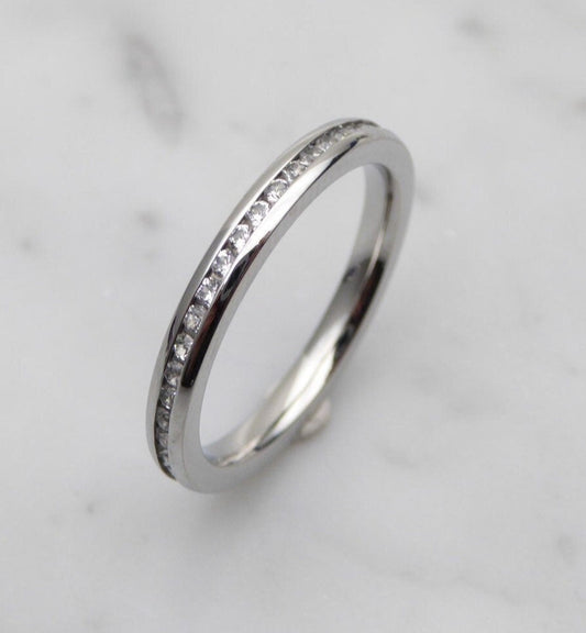 Genuine moissanite 2.5mm Wide Full Eternity ring in white gold filled or titanium - Wedding Band - Engagement ring