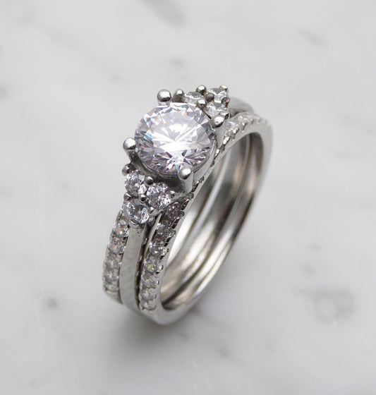 Wedding set! Man Made White Sapphire engagment ring and matching eternity & Wedding ring in White Gold filled