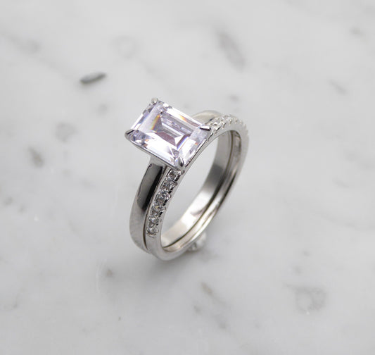 Wedding Set 1.9ct Emerald cut solitaire and half eternity simulated diamond ring available in Sterling Silver or White Gold Filled