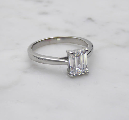 2ct Emerald Cut Solitaire cathedral ring in Titanium or White Gold - Simulated diamond or Moissanite available