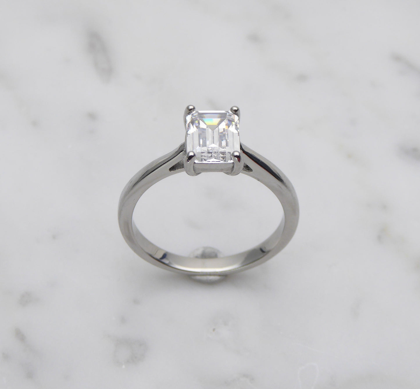 2ct Emerald Cut Solitaire cathedral ring in Titanium or White Gold - Simulated diamond or Moissanite available