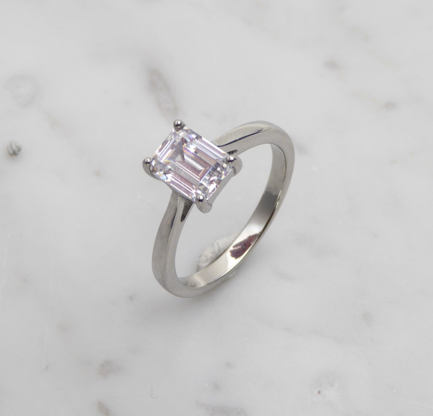 2ct Emerald Cut Solitaire cathedral ring in Titanium or White Gold - Simulated diamond or Moissanite available