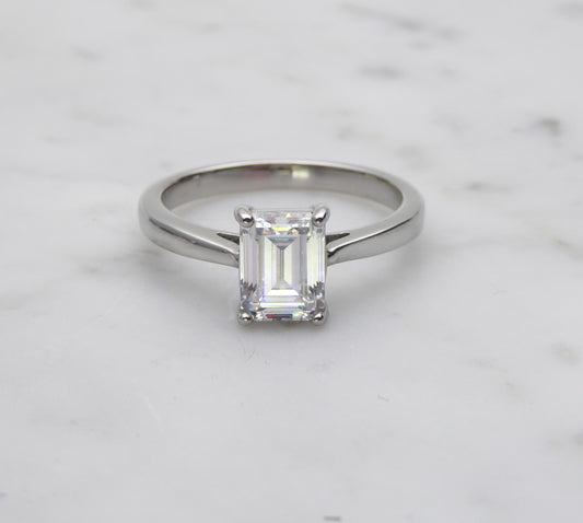 2ct Emerald Cut Solitaire cathedral ring Moissanite or simulated diamond in Titanium or White Gold