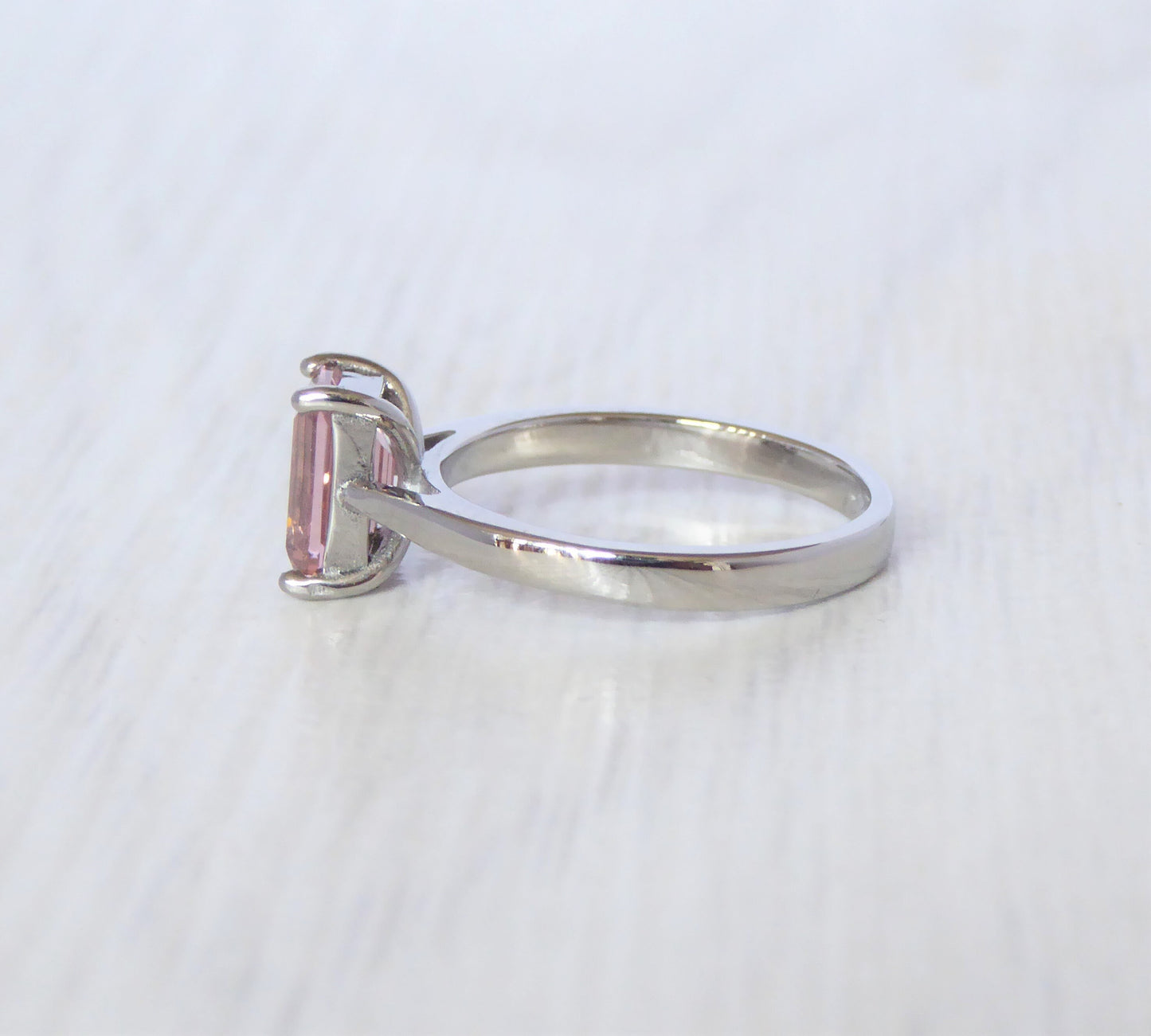 2ct Lab Morganite Emerald Cut Solitaire cathedral ring in Titanium or White Gold