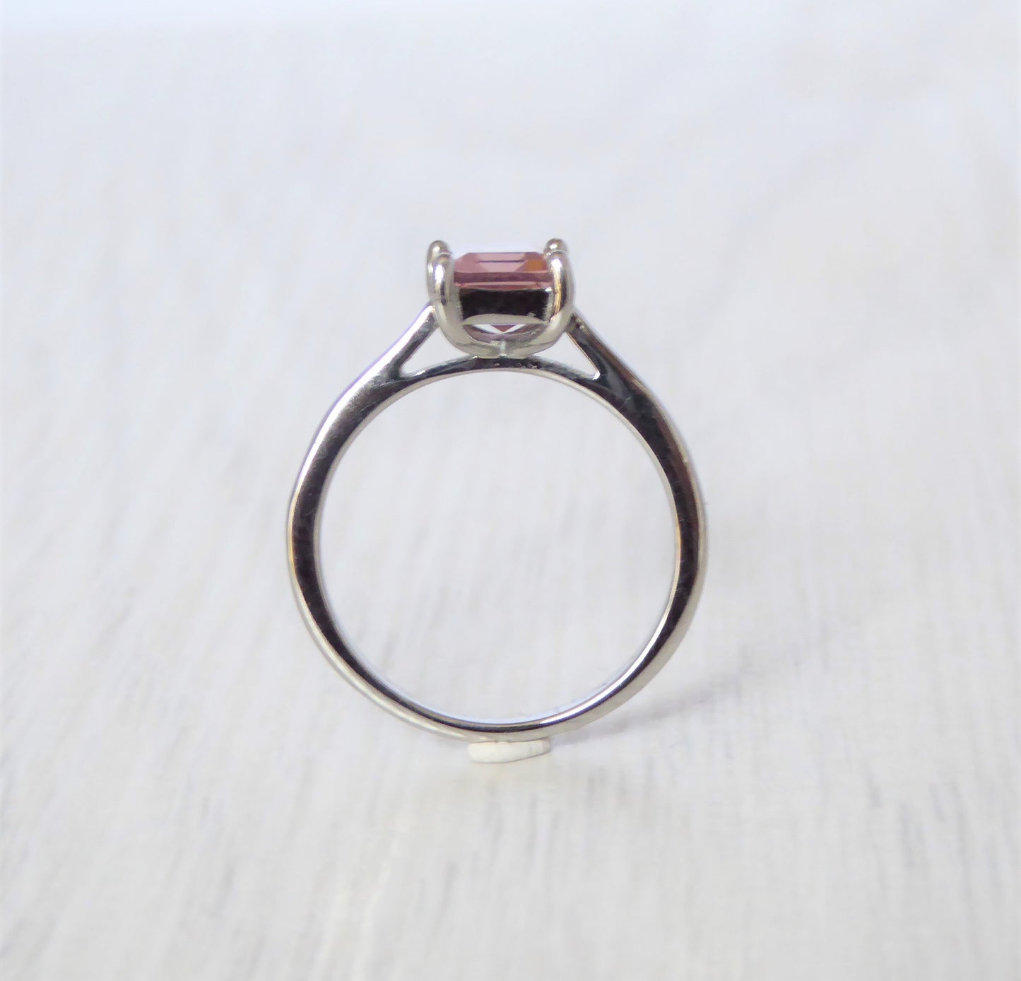 2ct Lab Morganite Emerald Cut Solitaire cathedral ring in Titanium or White Gold