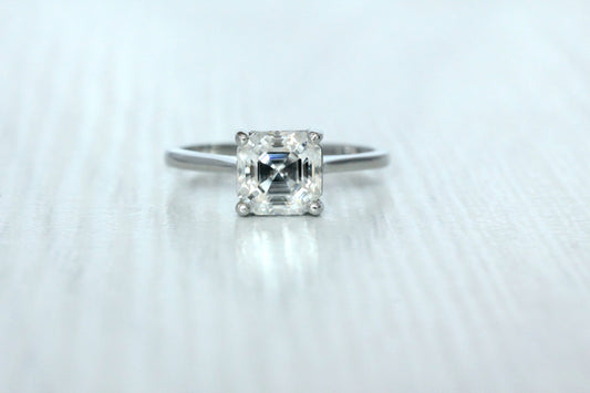 1.5ct Asscher Cut Solitaire cathedral ring in Titanium or White Gold - Moissanite or Simulated diamond