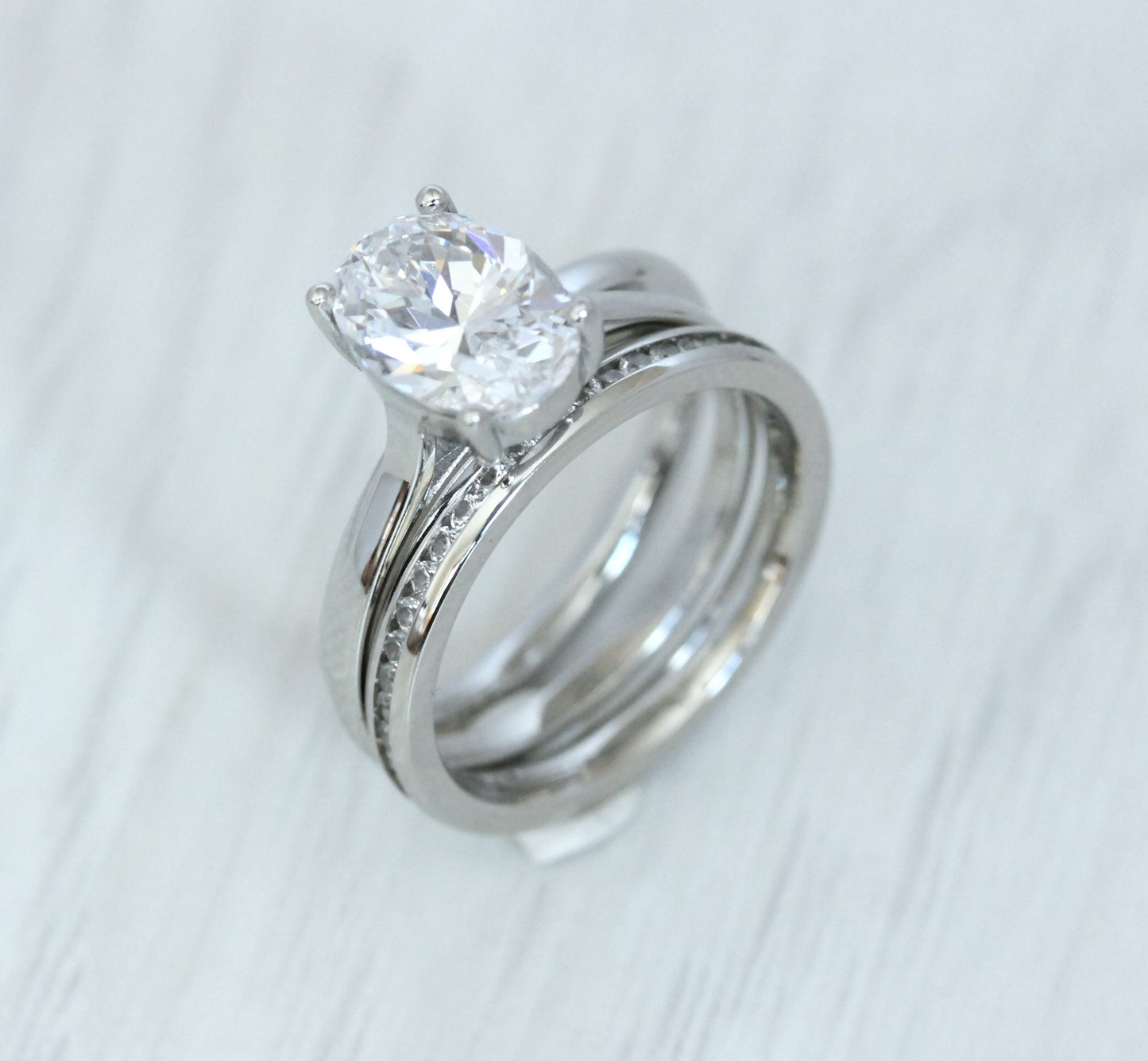 Wedding set! simulated diamond solitaire and matching eternity & Wedding ring in Titanium or White Gold