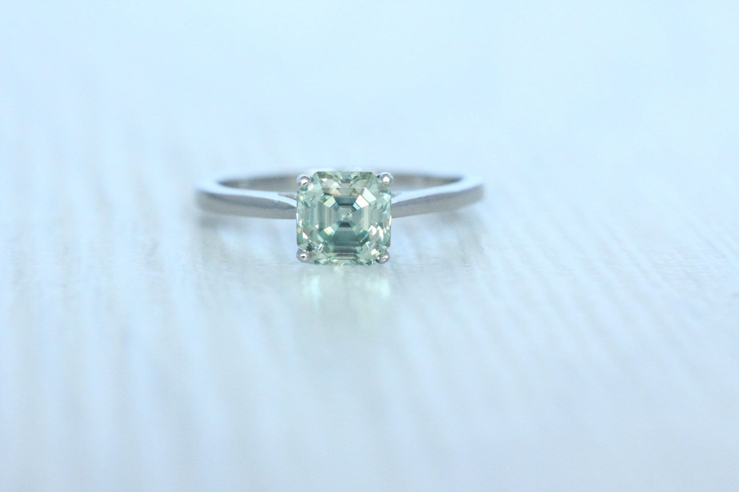 1ct Asscher cut Green Moissanite Solitaire cathedral ring in Titanium or White Gold