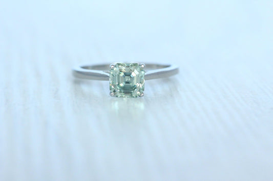 1ct Asscher cut Green Moissanite Solitaire cathedral ring in Titanium or White Gold