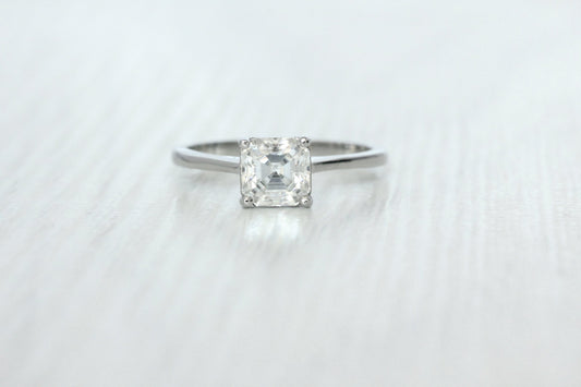 1ct Asscher Cut Solitaire cathedral ring in Titanium or White Gold - Moissanite or Simulated diamond