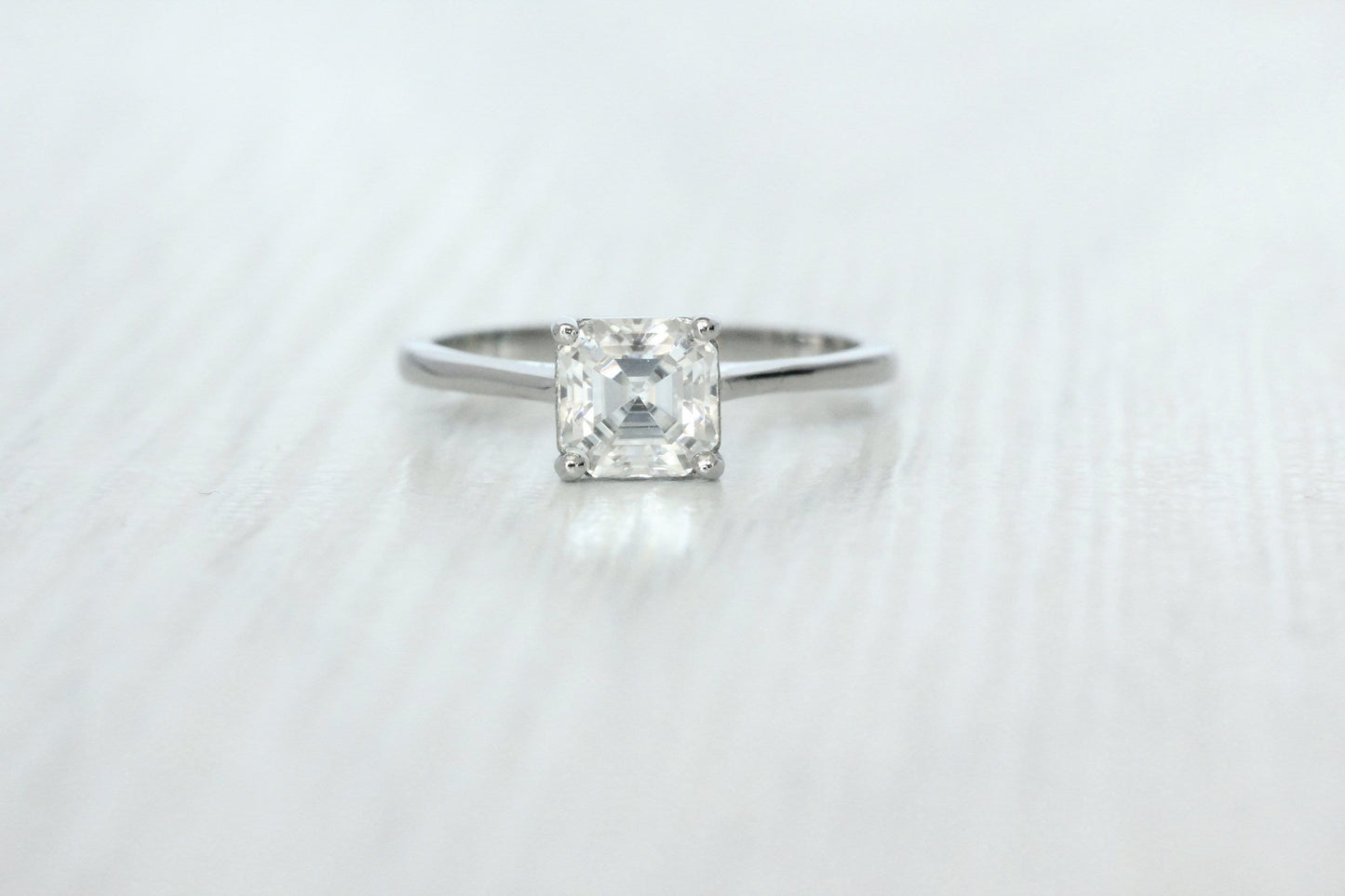 1ct Asscher Cut Solitaire cathedral ring in Titanium or White Gold - Moissanite or Simulated diamond