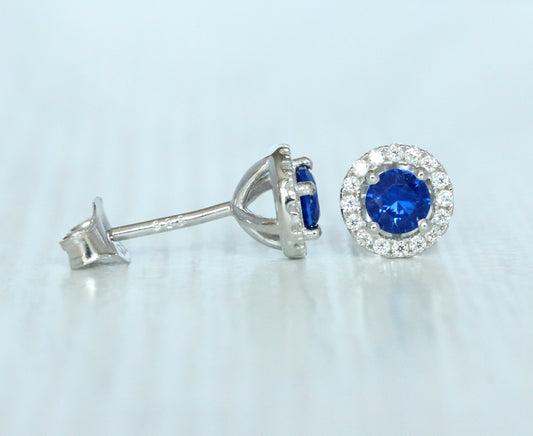 Natural blue sapphire & Genuine Moissanite Halo stud earrings in Sterling silver