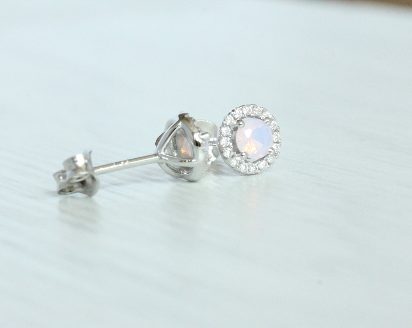 Opal & Genuine Moissanite Halo stud earrings in Sterling silver