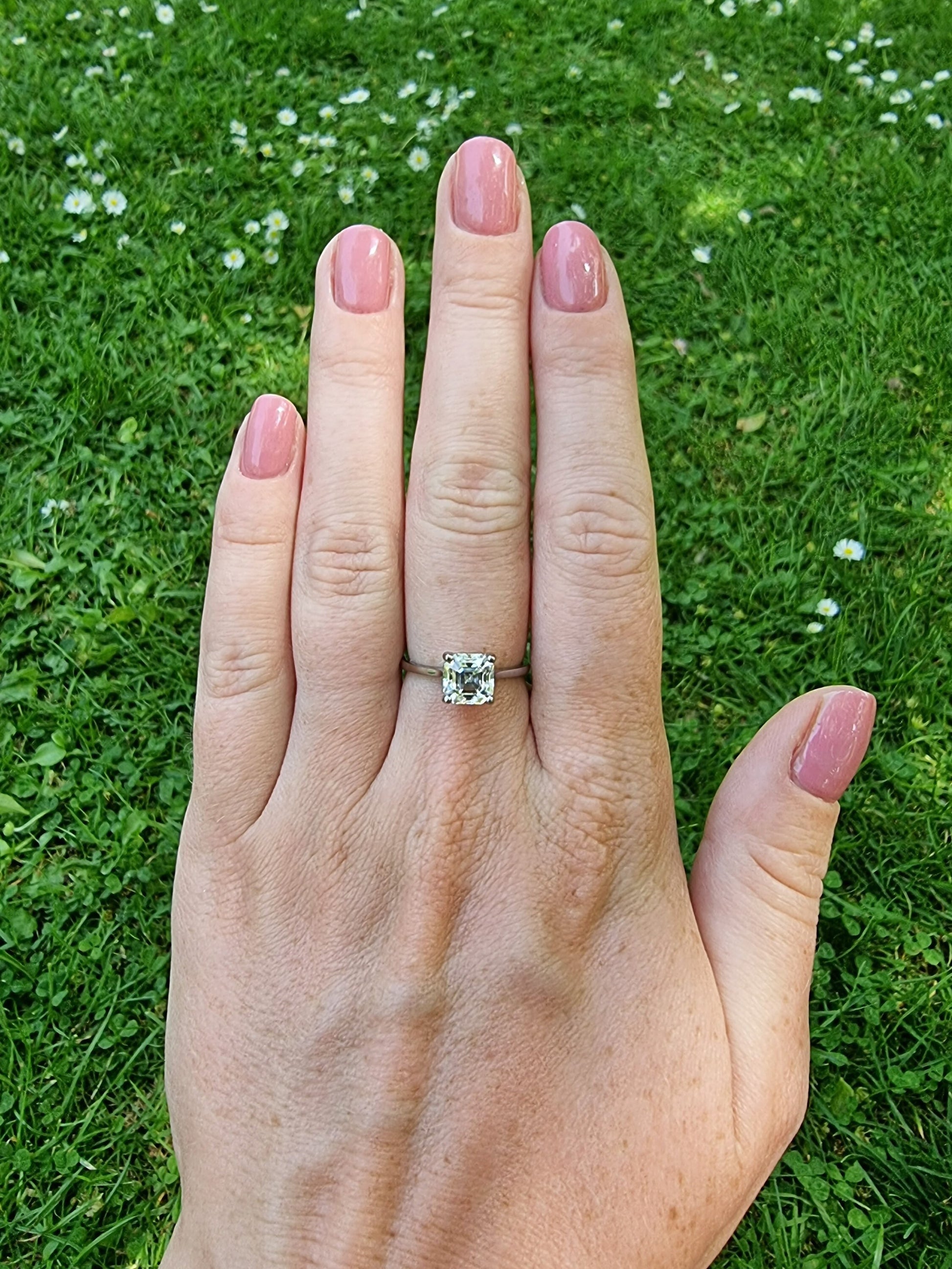 Asscher Cut Solitaire cathedral ring in Titanium or White Gold Moissanite or Simulated diamond