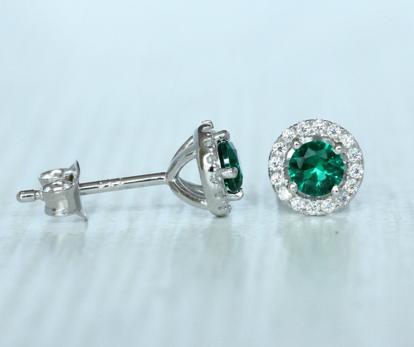 Natural Emerald & Genuine Moissanite Halo stud earrings in Sterling silver